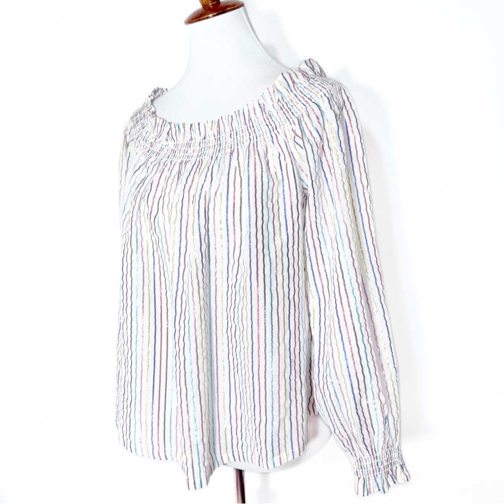 Boden Metallic Colorful Stripe Off The Shoulder Smocked 3/4 Sleeve Peasant Top S - Picture 6 of 13